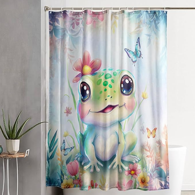AILONEN Cartoon Frog Shower Curtain,Kawaii Frog Waterproof Fabric Bath Curtain for Kids Girls,Watercolor Blue Flower with Butterfly Shower Curtain Set for Bathroom with Hooks,72" W*72" H