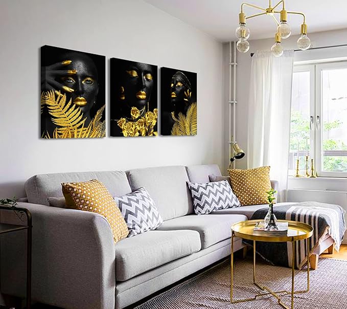 Elegant African American Black Girl Canvas Wall Art - 3Pcs Framed Black & Gold Women Pictures for Living Room, Bathroom & Bedroom Decor - Gold Tropical Botanical Prints for Home Decoration