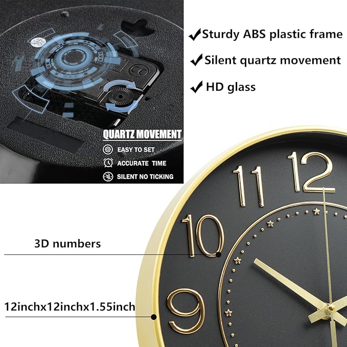 HZDHCLH 12inch Wall Clocks Battery Operated,Quartz Movement,Silent Non Ticking Modern Wall Clock for Living Room Bedroom Kitchen Office School Classroom Decor Black Gold