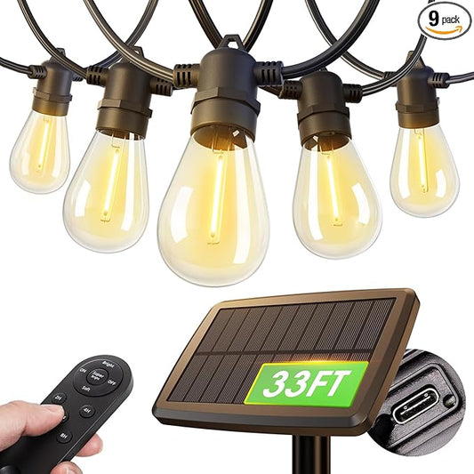 addlon 33FT (27+6) Solar String Lights for Outside Outdoor Waterproof with USB Port & Remote Control Solar Patio Lights Last for 20+Hrs Dimmable Solar Power LED Bulbs Hanging for Porch Garden Bistro