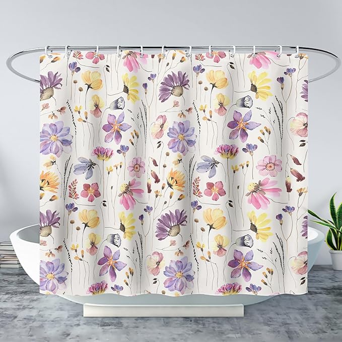 AILONEN Solemn Flowers Shower Curtain,Daisy Theme Bathroom Shower Curtain for Girls Kids Teens, 72" W*84" H Watercolor Patchwork Flowers Bathroom Decor for Bathroom