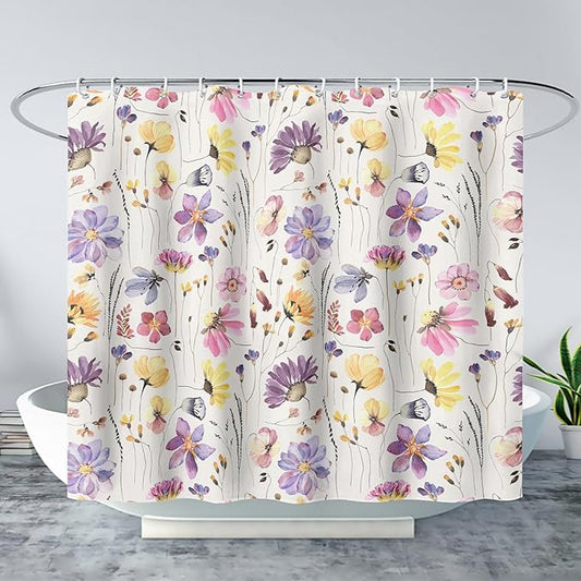 AILONEN Solemn Flowers Shower Curtain,Daisy Theme Bathroom Shower Curtain for Girls Kids Teens, 36" W*72" H Watercolor Patchwork Flowers Bathroom Decor for Bathroom