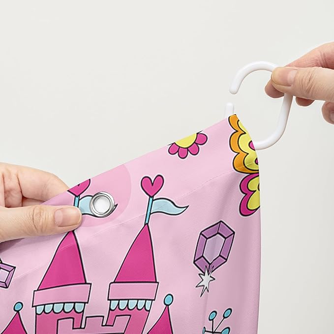 AILONEN Princess Dress Shower Curtain,Cartoon Sparkling Star Diamond Waterproof Shower Curtain Set for Girls Kids Teens, 72" W*96" H Pink Castle Jewelry Shower Curtain for Bathroom