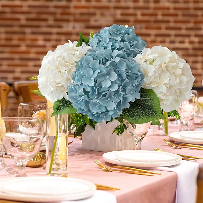 Grey Blue Large Lifelike Silk Artificial Hydrangeas, 5Pcs 20Inch Full Fake Flowers for Bouquet Table Centerpieces Wedding Indoor Home Outdoor Baby Showers Decoration