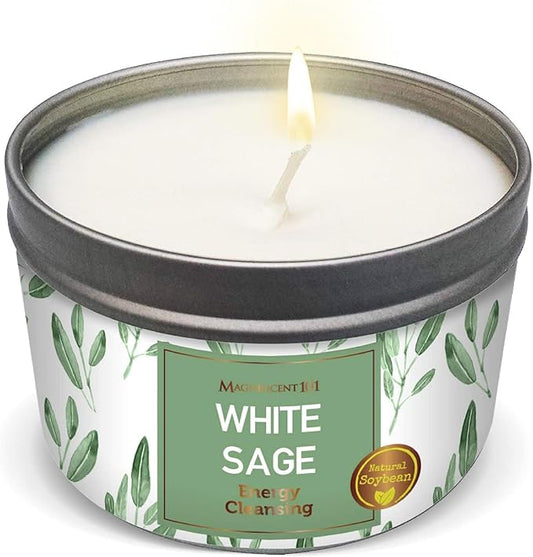 Magnificent 101 Long Lasting Pure White Sage Scented Smudge Candle | 6 Oz - 35 Hour Burn | Paraffin Free Soy Wax Candle for House Energy Cleansing, Purification & Manifestation