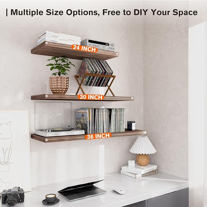 Wall Shelf Set of 1, Walnut Floating Shelves 30 in W x 10 in D x 1 in H, Wooden Floating Wall Shelf with Invisible Brackets for Living Room/Bedroom/Bathroom/Kitchen Storage and Decor