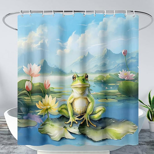 AILONEN Cartoon Frog Shower Curtain Set for Bathroom,Kawaii Green Frog Bath Curtain,Amphibian Animal Shower Curtain,Lotus Flower Waterproof Fabric Shower Curtain with Hooks,72" W*72" H