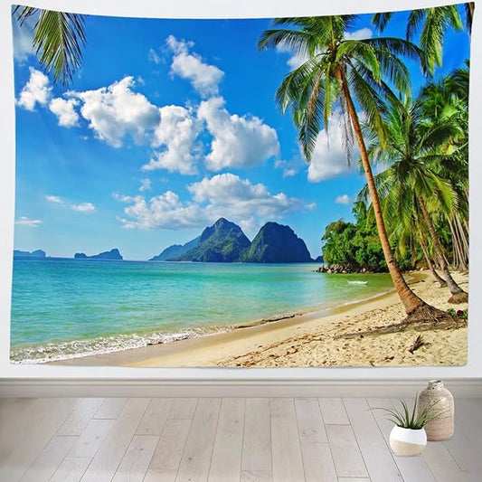 Loccor Ocean Beach Tapestry 118Wx78H Inch Tropical Seaside Island Palm Tree Waves Wall Tapestry Summer Hawaii Paradise Landscape Wall Hanging Hippie Bohemian Wall Art Living Room Bedroom Home Decor