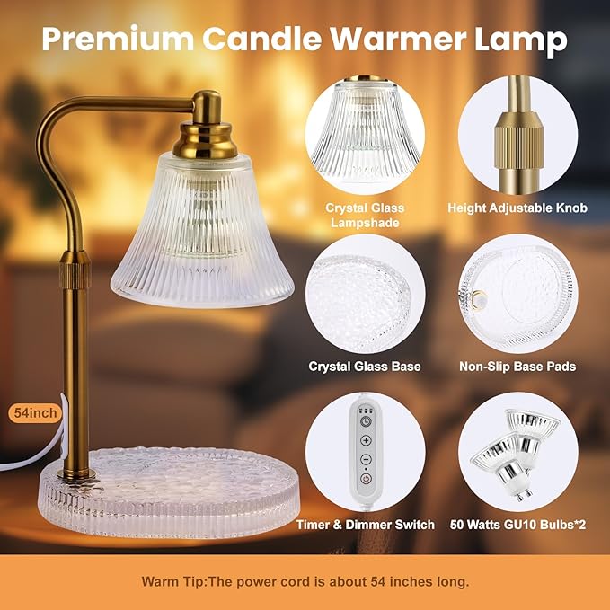 Lamp Candle Warmer for Jar Candles,Flower Candle Warmer Lamp with Timer Dimmer,Glass Base Adjustable Height Candle Warmer Lamp,Gold Electric Candle Warmer for Scented Wax Jar Candles,Glass Lampshade