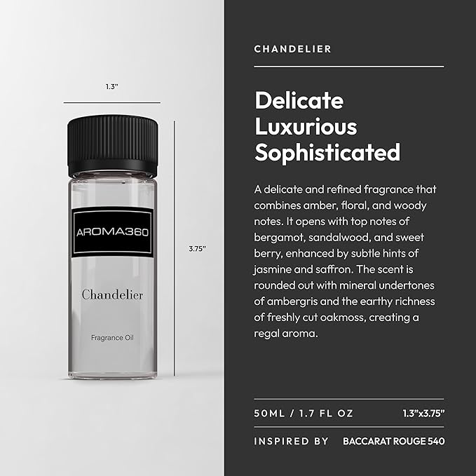 Aroma360 - Chandelier Fragrance Oil Blend | Hotel Inspired for Luxury Essential Oil Diffusers | Aromatherapy Scent Diffuser Oil | Bergamot, Woodsy Sandalwood, and Flirtatious Saffron - 50ML