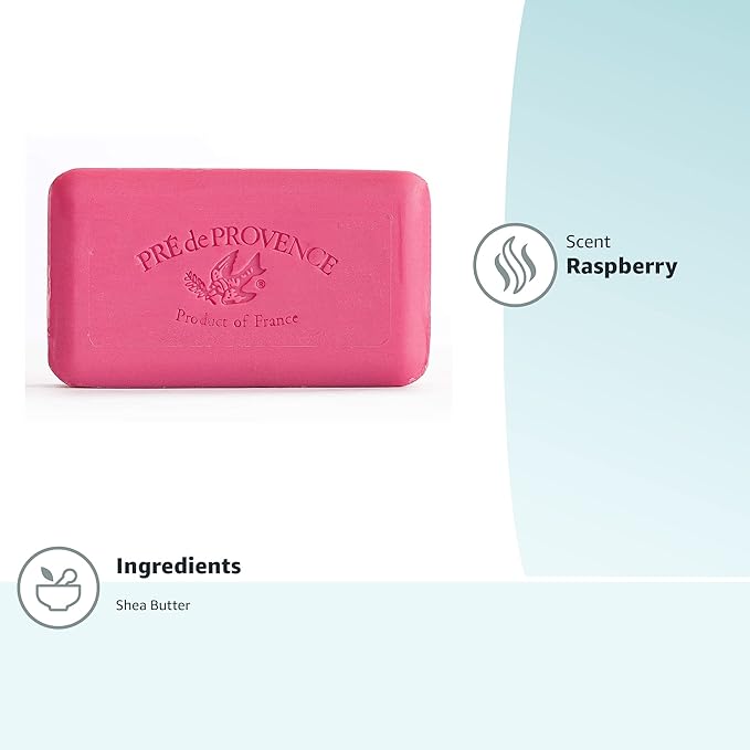 Pre de Provence Artisanal Soap Bar, Natural French Skincare, Enriched with Organic Shea Butter, Quad Milled for Rich, Smooth & Moisturizing Lather, Raspberry, 5.3 Ounce