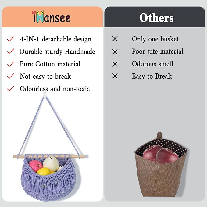 4 Tier Hanging Fruit Basket for Kitchen, Purple Boho Cotton Crocheted Produce Holder for Bathroom Bedroom, Detachable Wall Hanging Basket Shelves Over Door Organizer for Fruit Veggie Plant