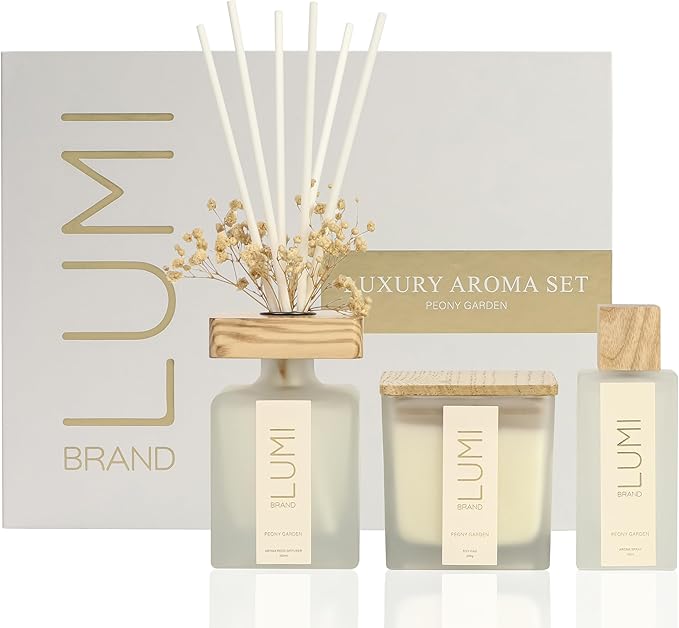 Luxury Aroma Set | Scented Reed Diffuser (200ml), Scented Wood Wick Soy Candle (200g), Aroma Room Spray (50ml), Includes Dried Flowers, 8 Reed Sticks - Home Fragrance Gift Set (Peony Garden)