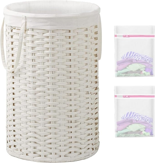 Large Laundry Hamper Laundry Basket Round 34.3 Gal (130 L) Handwoven Wicker Laundry Baskets Rattan Laundry Basket with Removable Bag Handles 2 Mesh Bags for Living Room Bedroom White