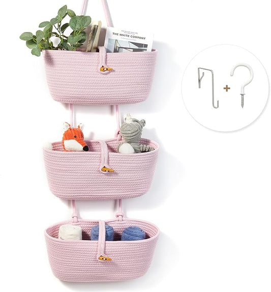 DULLEMELO Hanging Wall Basket for Wall Decor | Pink Woven Storage Basket with Button Strap | 3-Tier Hanging Baskets for Organizing | Hanging Kitchen Baskets