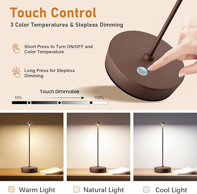 Rechargeable Cordless Table Lamp, 6000mAh LED Battery Operated Desk Lamp Touch 3 Color Stepless Dimming Portable Outdoor Waterproof Table Light for Patio/Restaurant/Dining/Home (Rust)