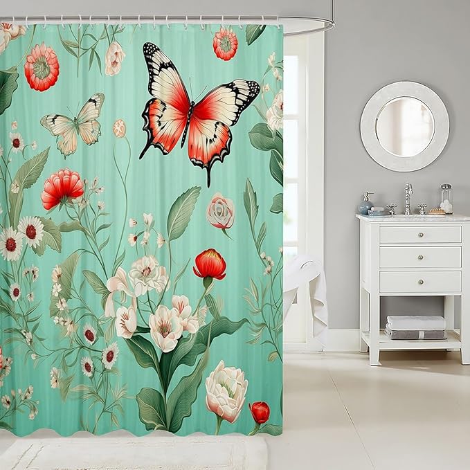 Feelyou Floral Flower Fabric Shower Curtain Red Butterfly Shower Curtain for Teens Green Bathroom Waterproof Accessories with 12 Hooks Flower Botanical Curtains,72x78 Inches