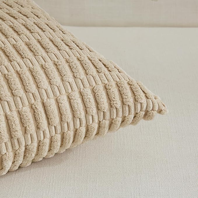 Fancy Homi 4 Packs Tan Decorative Throw Pillow Covers 12x24 Inch for Living Room Couch Bed Sofa, Beige Rustic Farmhouse Boho Home Decor, Soft Plush Striped Corduroy Square Cushion Case 30x60 cm