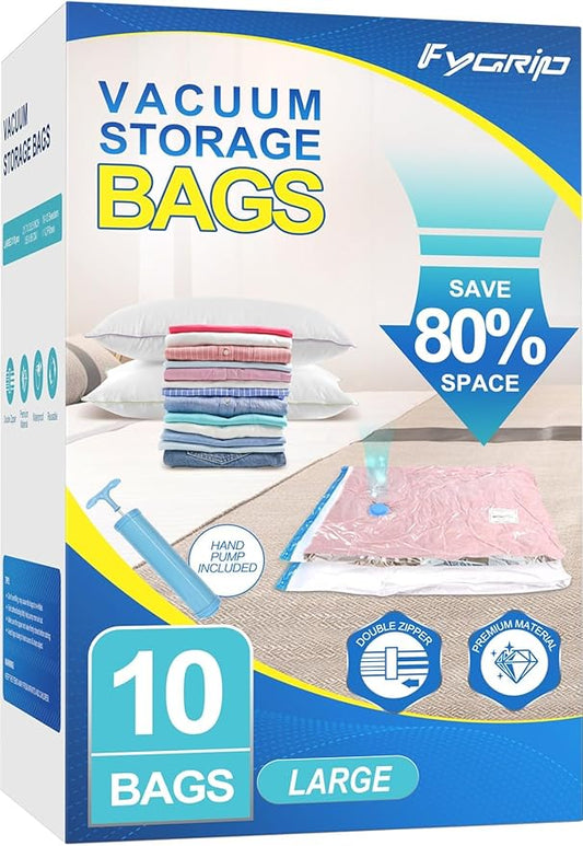 10 Pack Large Vacuum Storage Bags with Hand Pump, Plastic Packaging Bags, 80% Space Saver Vacuum Seal Bags for Clothing, Travel Lugggage, Blankets, Comforters