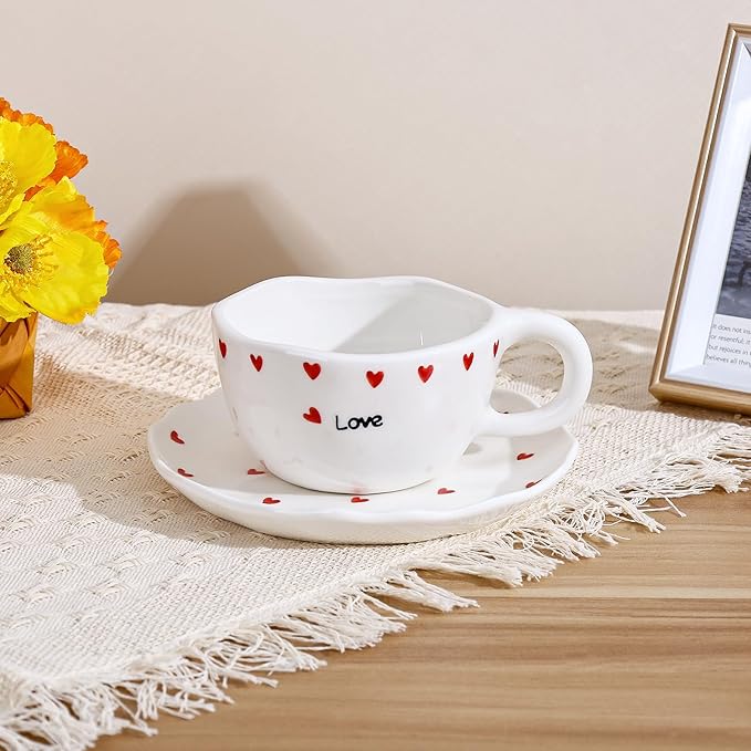 Koythin Ceramic Coffee Mug with Saucers, Handmade Flowers Mugs, Cute Cup for Girl Women, Aesthetic Tea Milk Cup with Handle, 8.5 oz/250 ml for Latte, Cocoa, Office, Home (Little Heart Love)