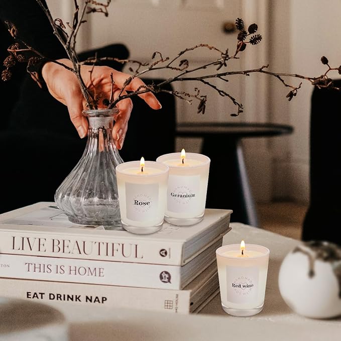 Candles for Home Scented, 3 Pack White Glass Jar Candles, Roses, Red Wine, Geranium Candles, Aromatherapy Candle Set for Stress Relief or Best Gift