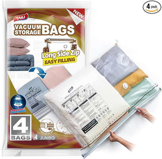 TAILI-LONG SIDE ZIP 4 Pack Vacuum Storage Bags, Vacuum Seal Bags for Clothing(39x28 inches), Jumbo Storage Space Saver for Beddings, Comforters, Blanket, Pillows and Clothes