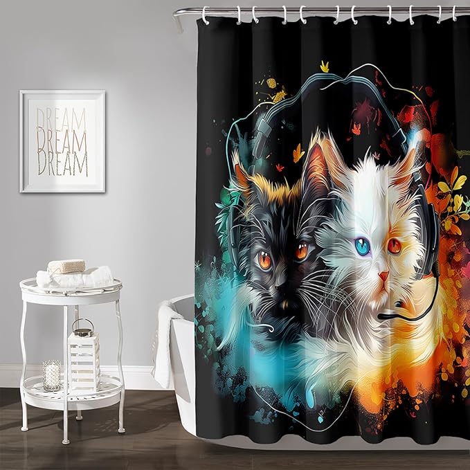 AILONEN Cute Cat Shower Curtain Set, Black White Cat Waterproof Fabric Shower Curtain for Kids Boys Girls,Headphones Kitty Shower Curtain for Bathroom with Hooks,48" W*72" H