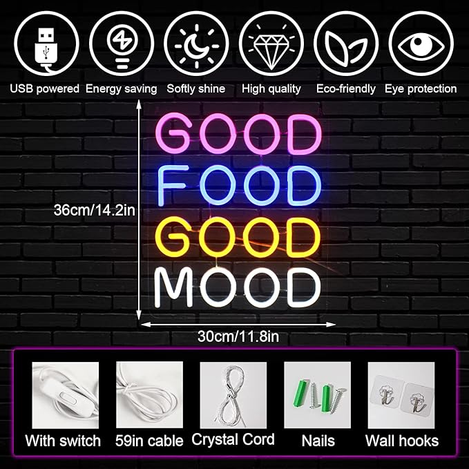Good Food Good Mood Neon LED Sign, Food Neon Signs for Wall Decor, Good Food Good Mood Neon Light with USB Powered for Snack Shop, Restaurant, Fast Food