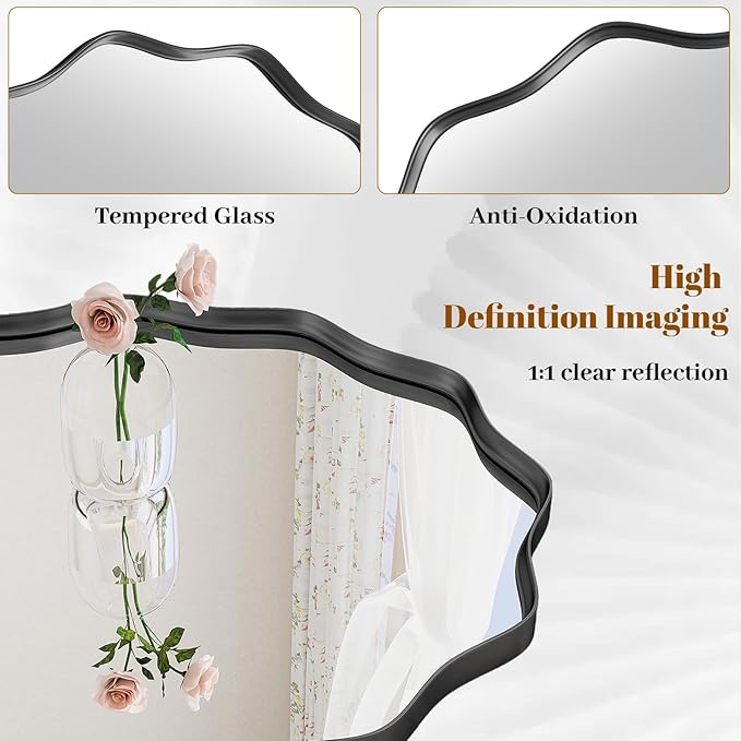 Round Wavy Mirror, 42 Inch Metal Frame Circle Mirror, Round Wall Mounted for Entryway, Bathroom, Vanity, Living Room, Black