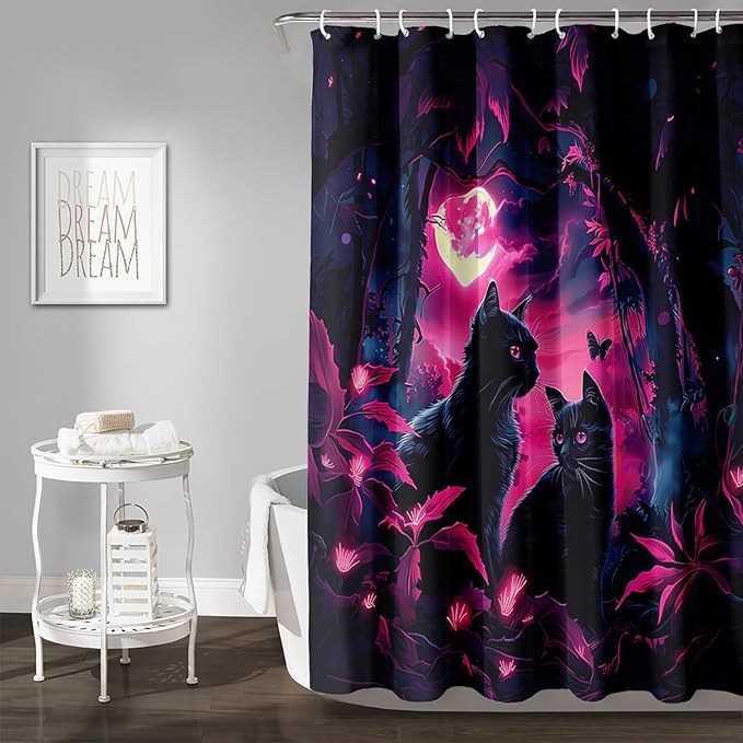 AILONEN Black Cat Shower Curtain,Cartoon Mother Son Kitten Shower Curtain Set for Kids Boys Girls,Boho Style Moon Shower Curtain with Hooks for Bathroom,60" W*72" H