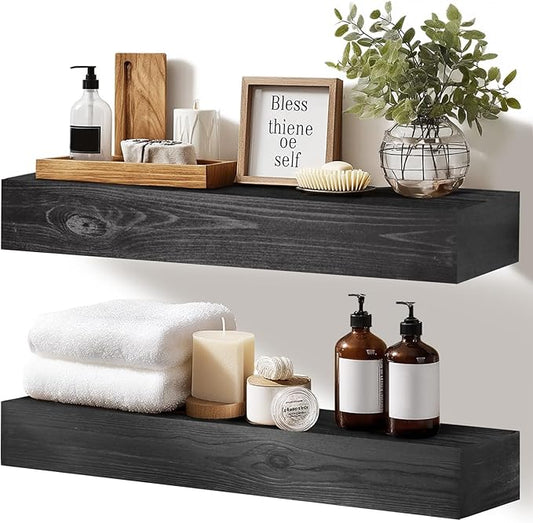 17x3x7 inch Floating Shelves Wall Mounted - Set of 2 Black Rustic Solid Wood Wall Shelf - Heavy Duty Decorative Storage Shelves for Living Room, Bedroom, Bathroom, Kitchen