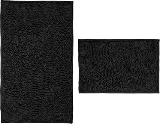 Bathroom Rugs 2 Pieces Chenille Bath Rug Mat, Extra Thick and Soft Absorbent Bath Rugs, Machine Washable, Non-Slip Plush Bath Mats for Tub, Shower, and Bath Room (Black, 32"x20"+24"x16")