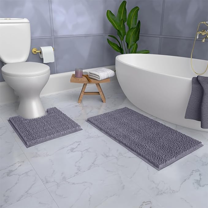 Bathroom Rugs Sets 2 Piece, Luxury Chenille Bath Mat Set, Soft Plush Anti-Slip Bath Rug + U-Shaped Toilet Mat. Microfiber Shaggy Carpet, Super Absorbent (24” x 36” & 20” x 24” U, Dark Grey)