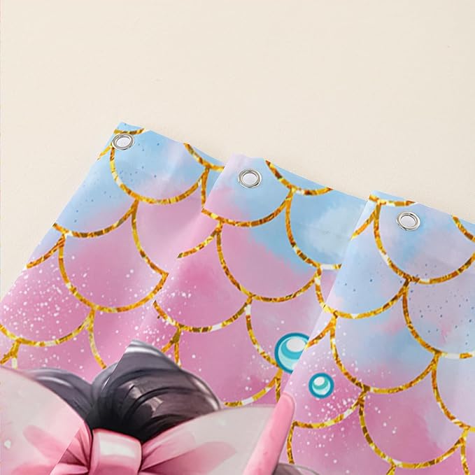 AILONEN Mermaid Shower Curtain,Cute Black Girls Mermaid Bath Curtain for Kids Girls,Ocean Fish Pink Mermaid Scale Print Shower Curtain for Bathroom Decor Waterproof with 12 Plastic Hooks, 60" W*72" H