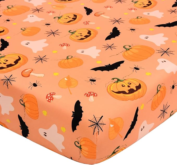 Halloween Crib Sheets, Fitted Crib Sheet with Bats, Ghosts, Pumpkin, Spider, and Mushrooms, Measuring 52'' x 28'' to fit Standard Crib & Toddler Mattresses, Orange