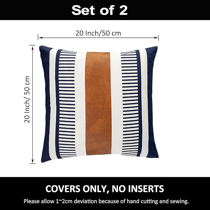 Decorative Accent Pillow Covers 20x20 Boho Couch Pillow Case Set of 2 Modern Farmhouse Stripe Cushion Cover for Sofa Bed Living Room, Navy Blue