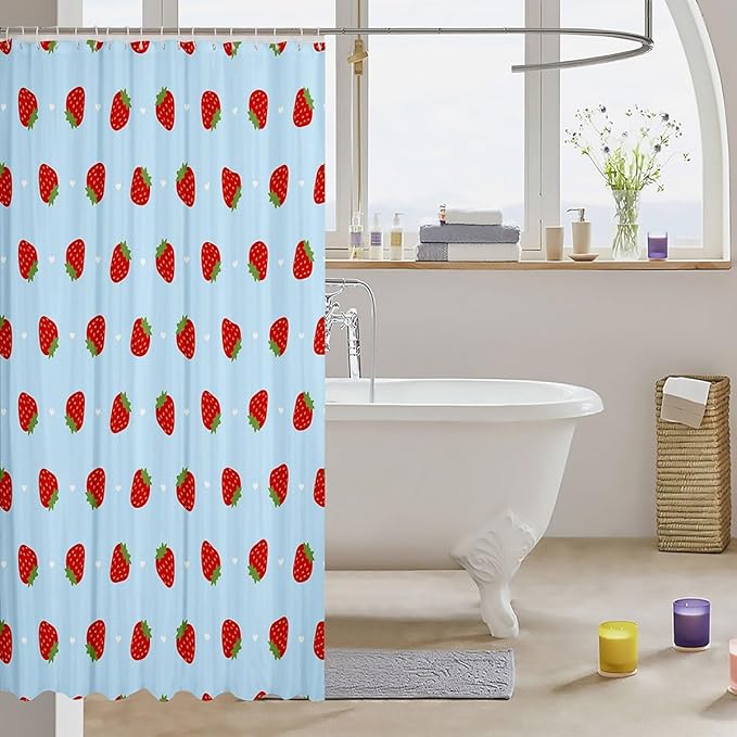 Feelyou Strawberry Fabric Shower Curtain Blue Shower Curtain for Kids Boys Girls Kawaii Fruit Bathroom Waterproof Accessories with 12 Hooks Cute Curtains,72x84 Inches
