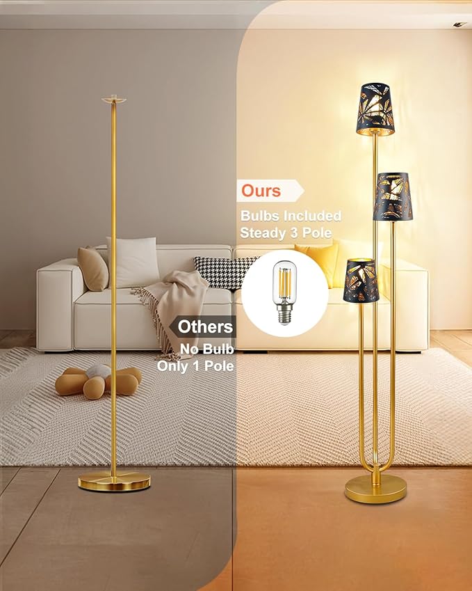 63IN Floor Lamp with Metal Shade, Unique Gold Tall Standing Lamps with 3 Poles, 3000K Warmwhite Mid Century Modern Floor Lamp for Living Room Home Office(Bulbs Included)