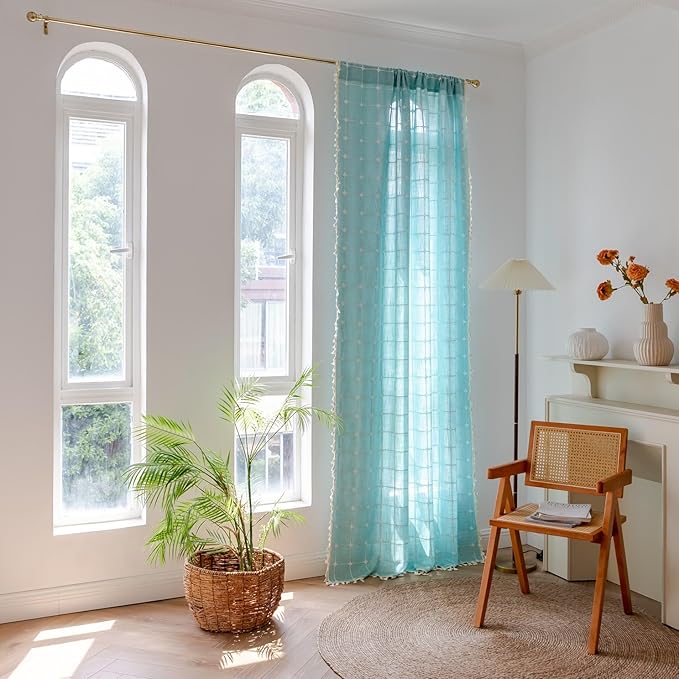 Sutuo Home Boho Curtains 90 Inches Long for Bedroom Living Room, Plaids Farmhouse Tassels Semi Blackout Linen Window Treatment Bohemian Embroidery Drape,Rod Pocket 1 Panel 52" W x 90" L, Aqua Blue
