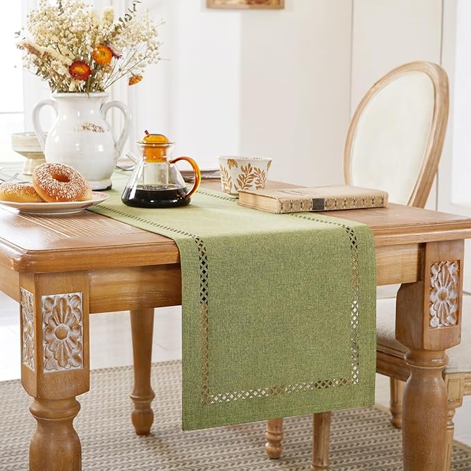 Burlap Style Farmhouse Table Runner, 13 x 36 Inch Sage Green, Rustic Geometric Hollow Table Runners 36 Inches Long for Dresser Table Everyday Use, 13x36 Inches, Sage Green
