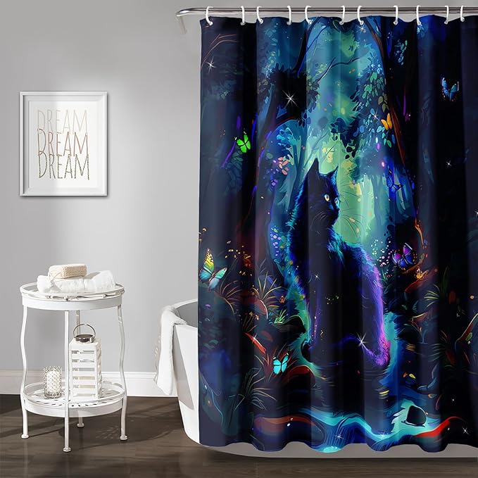 AILONEN Black Cat Shower Curtain,Cartoon Cat Shower Curtain Set for Kids Boys Girls,Boho Style Butterfly Shower Curtain Curtain for Bathroom,Mysterious Forest Curtain Set with Hooks,48" W*72" H