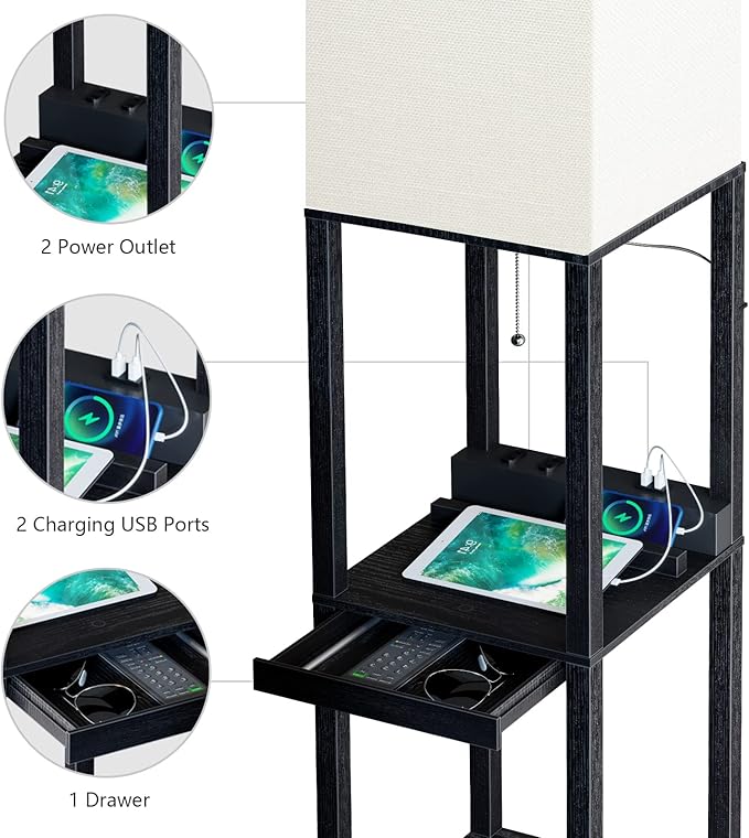 SUNMORY Floor Lamp with Shelves,Modern Dimmable Solid Wood Standing Lamp with 1 Drawer and 2 USB Ports & 2 Power Outlet,Corner Tall Bookshelf Lamp for Living Room and Bedroom(Black)