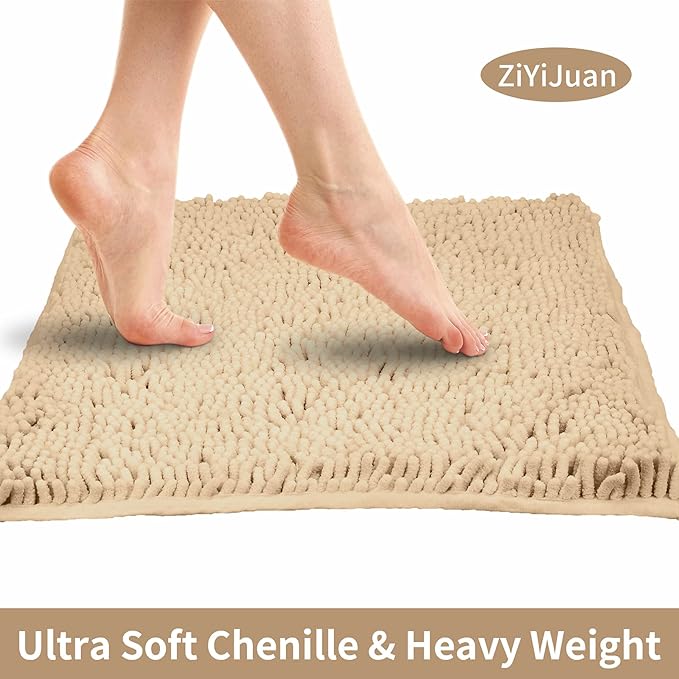 ZiYiJuan Bathroom Rugs, Super Absorbent Luxury Shaggy Chenille Bath Mats,Beige 20x20_17x24_20x32