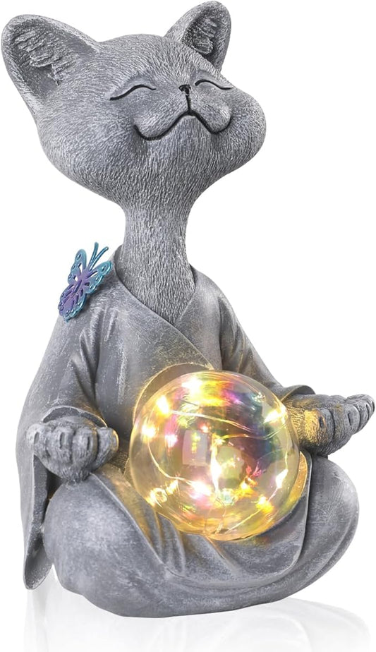 Solar Garden Decor Statues 7" Resin Cat Figurines with Glass Ball Waterproof Cat Decor for Outside Yard Patio Porch Decoration Gift for Mom Grandma