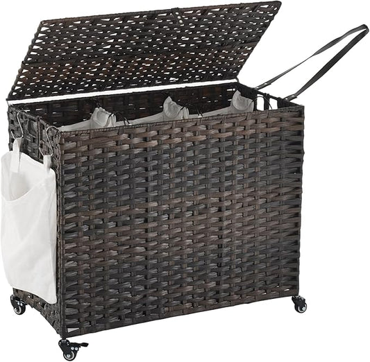 Laundry Hamper with Wheels, 52.8 Gallon(200L) Rolling Laundry Basket with Lid, 3-Section Rattan Clothes Hamper with 3 Removable Liner & 3 Mesh Bags, Laundry Sorter with Side Pocket, Brown