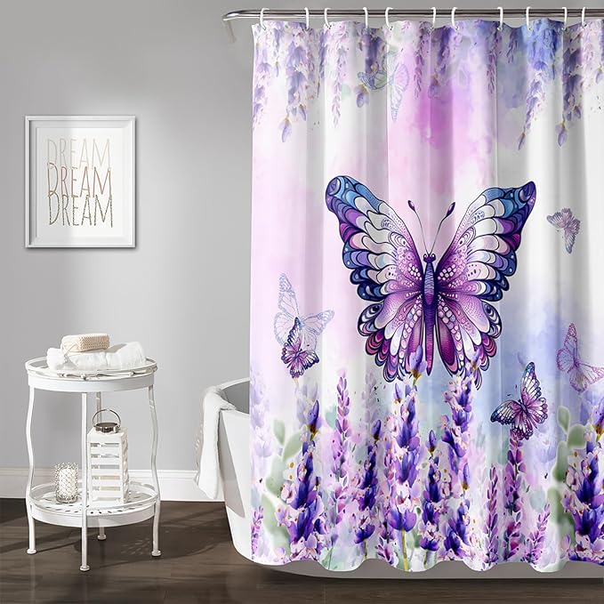 AILONEN Girls Butterfly Shower Curtain for Bathroom,Purple Blooming Lavender Flower Floral Butterfly Printed Bath Curtain 36" W*72" H Polyester Fabric Waterproof Bathroom Curtain with 12 Hooks