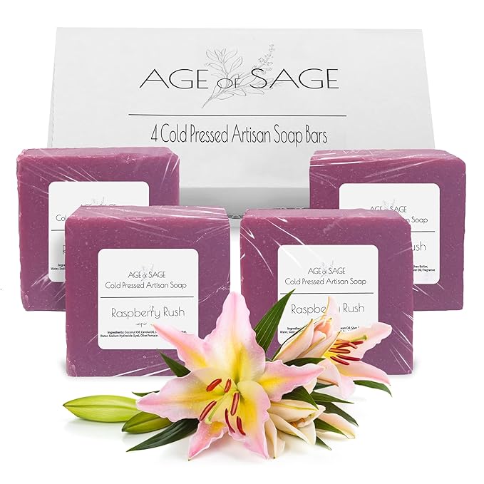 Handmade Natural Bar Soap Gift Set - 100% All Organic Vegan Bath Moisturizing Handmade Artisan Scented Cold Process Fragrant Soaps with Essential Oil - 4 Pack (Raspberry Rush)