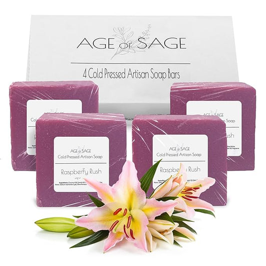 Handmade Natural Bar Soap Gift Set - 100% All Organic Vegan Bath Moisturizing Handmade Artisan Scented Cold Process Fragrant Soaps with Essential Oil - 4 Pack (Raspberry Rush)