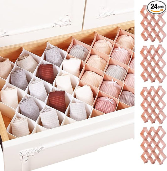 ROUFA Sock Drawer Organizer for Dresser, Honeycomb Underwear Dividers for Women, Panty Separator for Bras, Socks, Belt and Leggings (24pcs.Pink)