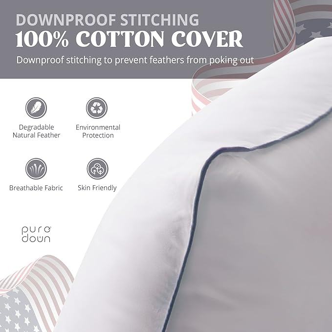 puredown® Goose Feathers and Polyester Fiber Pillows, Made in USA, Premium Medium to Firm Sleeping Pillows, Hotel Collection Pillows with Cotton Cover, 2 Pack, Queen Size, 20x30 Inches